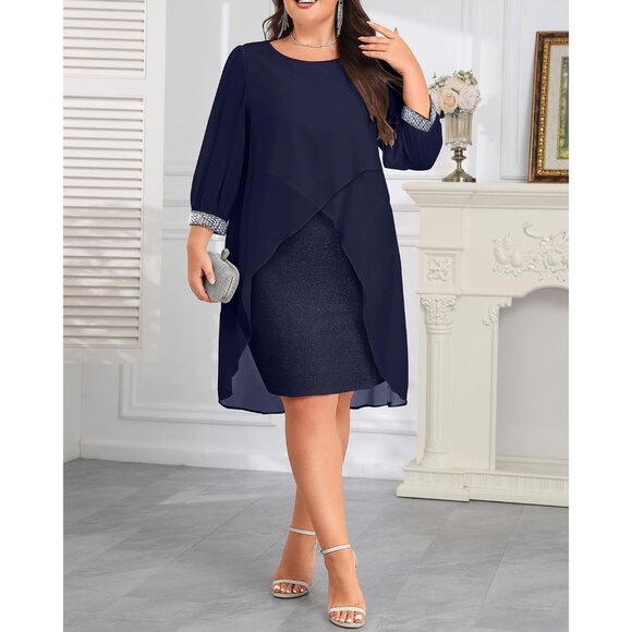 Plus Size Cocktail Dress Chiffon Cape Glitter Evening Wedding Guest - Picture 3 of 5